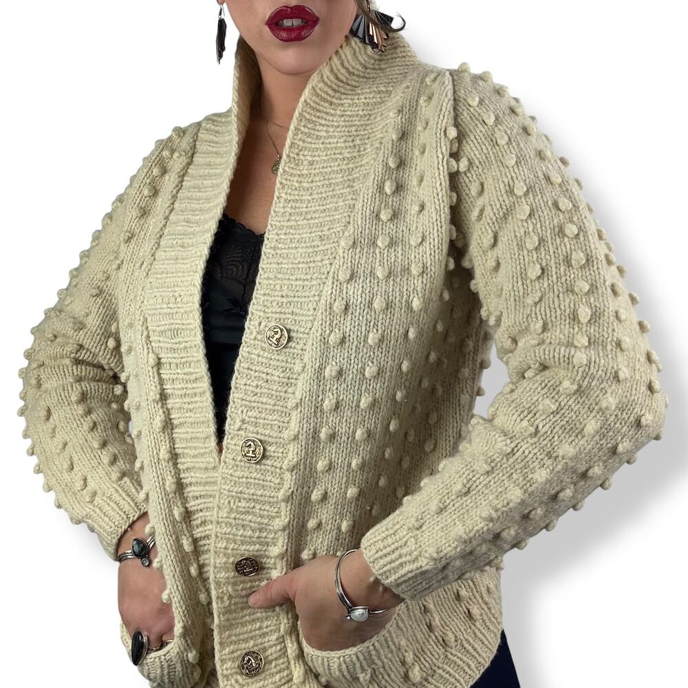 1970's cream pure natural Portuguese wool hand knit open cardigan - Picture 5 of 16